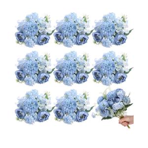 Lyrow 8 Pcs Peony Artificial Flowers Fake Silk Hydrangea Bouquet Elegant Peony Flowers for Wedding Decoration Faux Realistic Floral for Home Party Table Centerpieces Arrangement (Gradient Blue)