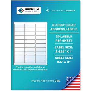Premium Label Supply Glossy Clear Address Labels  2.625" x 1"  Laser/Inkjet Compatible  (30 per Sheet), 10 Sheets - 300 Total Adhesive Labels