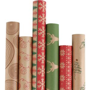 RUSPEPA Christmas Wrapping paper - Brown Kraft Paper with Red and Green Pattern For -Christmas Elements Collection-6 Roll-30Inch X 10Feet Per Roll