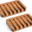 SUBEKYU Wooden Soap Dishes for Bathroom/Shower, Bar Soap Holder with Self Draining Tray, Natural Waterfall Drain Soap Saver, Teak (2P)
