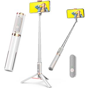 JUYOUYI Tripod for iPhoneSelfie Stick with Remote, Aluminum Alloy Best Foldable Mini Extendable Tripod Stand 270 Rotation Compatible with iPhone/Android Travel Essentials (White)