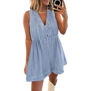 Caracilia Women Oversized Denim Romper Summer Casual V Neck Tie Front Sleeveless Jean Jumpsuits Short Overalls with Pockets (Medium, Washed Azure)