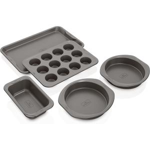 Ninja B35005 Foodi NeverStick Premium 5-Piece Bakeware Sheet Set, Oven Safe up to 500F, with 11x17 Inch Baking Sheet, 5x9 Inch Loaf Pan, 12 Cup Muffin Pan, & (2) 9 Inch Round Cake Pans, Grey