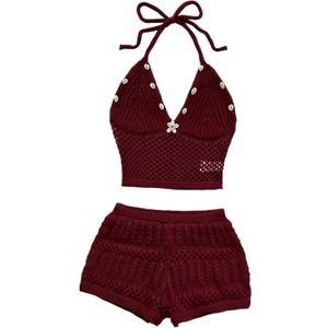 GORGLITTER Women's Summer Vacation Outfits Crochet Knit Halter Crop Tops Mini Shorts Going Out Beach Resort Wear (Red), M