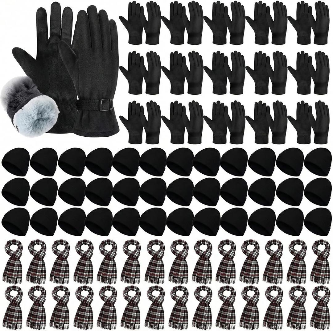 48 Pcs Winter Beanie Hat Glove Scarf Set Bulk Fleece Windproof Ski Glove Plaid Scarves Warm Beanie Cap for Women Men Homeless