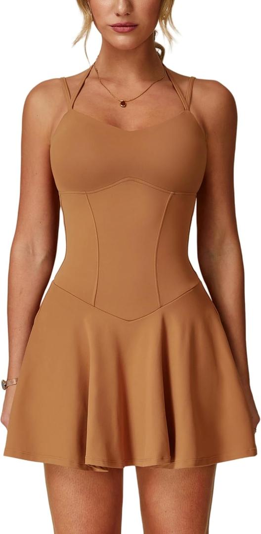 ABOCIW Womens Spaghetti Strap Tennis Dress with Built-in Shorts and Bra Golf Athletic Dress with Pockets (XL, Brown)