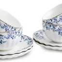 Agyiuns ceramic tea cups and saucers 6oz,floral tea cups for Coffee, Latte, Cafe Mocha and Tea (Little Blue Flowers)