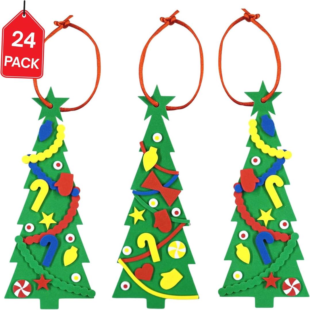 4E's Novelty 24 Pack Christmas Tree Ornament Craft for Kids, 516Pcs Bulk Foam Self Adhesive Individually Wrapped, Christmas Crafts for Kids Ages 4-8, 3-12, Toddler Holiday DIY Classroom Activities