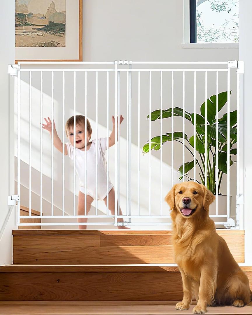 34-53" No Bottom Bar Baby Gates Dog Gate for Stairs, 39" Extra Tall Child Safety Gate with Auto Close Design, Large Walk Thru Door, Extra Wide Hardware Mount Pet Gate for Doorways Deck Indoor Outdoor (White)
