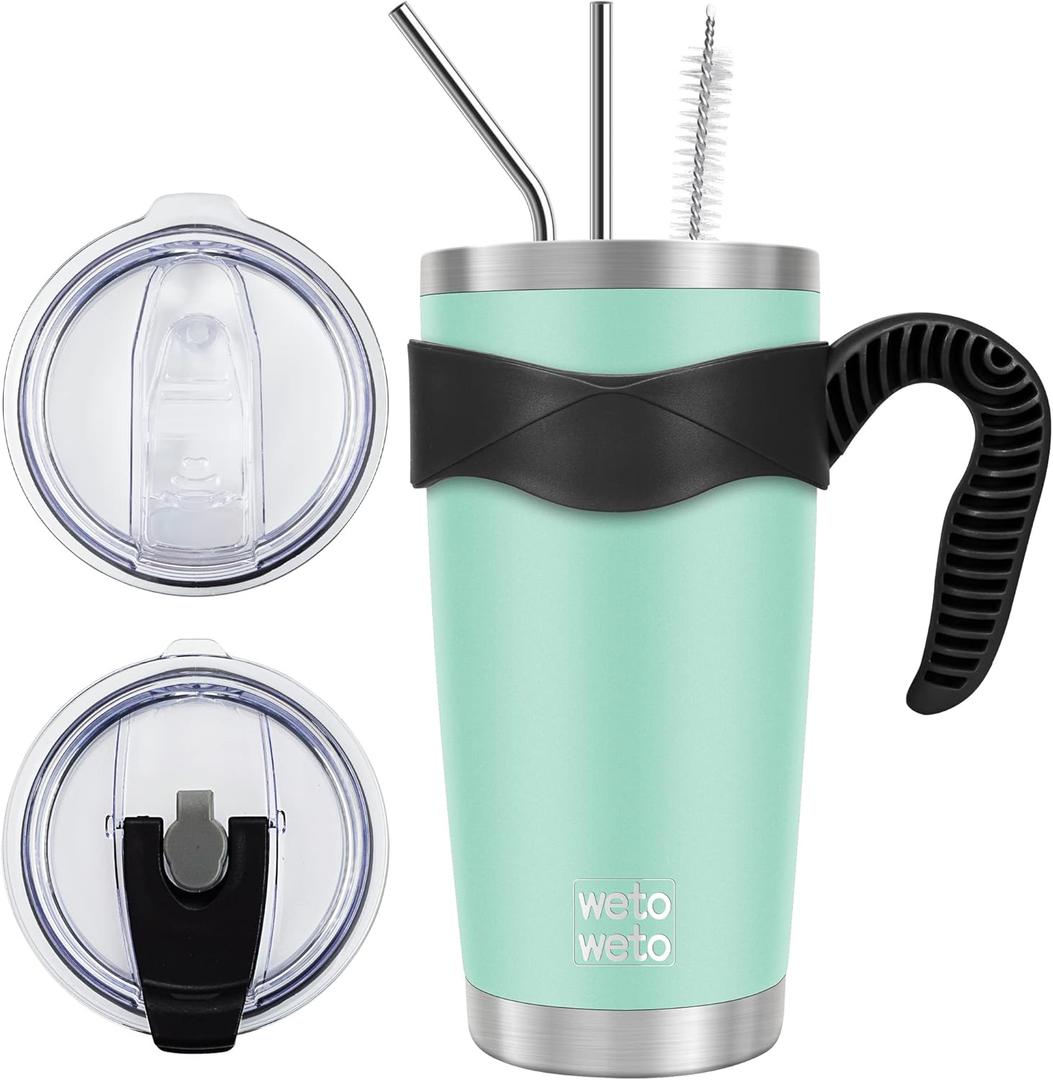 WETOWETO 20oz Tumbler with 2 lids and 2 straws, Stainless Steel Vacuum Insulated Water Coffee Tumbler Cup with Handle, Double Wall Powder Coated Travel Mug Thermal Cup (Light Green, 1 Pack)