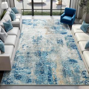 Merelax 8x10 Washable Blue Area Rug for Living Room, Non-Slip Backing Modern Abstract Large Rugs, Stain Resistant Low Pile Carpet for Bedroom, Dining Room, Home Office Decor