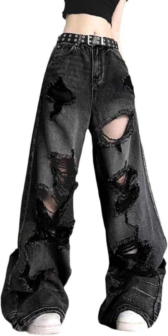 Baggy Jeans for Women Men Ripped Straight Leg High Waisted Pants (Black, M)