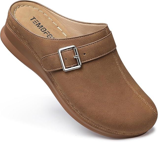TEMOFON Clogs for Women Slip on Mules: Walking Comfortable, Non Slip, Closed Toe Sandals, Casual Summer Shoes Black Navy Brown, Size 38