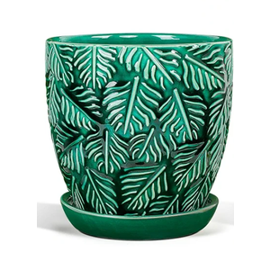 Ceramic Plant Pots, 6 Inch Indoor Plant pots with Drainage Hole and Saucer, Flower Pots, Leaf Embossed - Green Glaze,