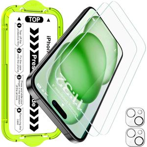 Esanik [2+2 Pack for iPhone 15 Tempered Glass Screen Protector & Camera Lens Cover - Military-Grade 9H Hardness, HD Clear, Anti-Scratch, Flawless Fit Tray