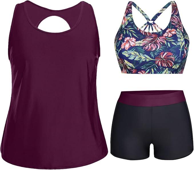 Holipick Women Plus Size 3 Piece Tankini Swimsuits Athletic Bathing Suits with Shorts XL