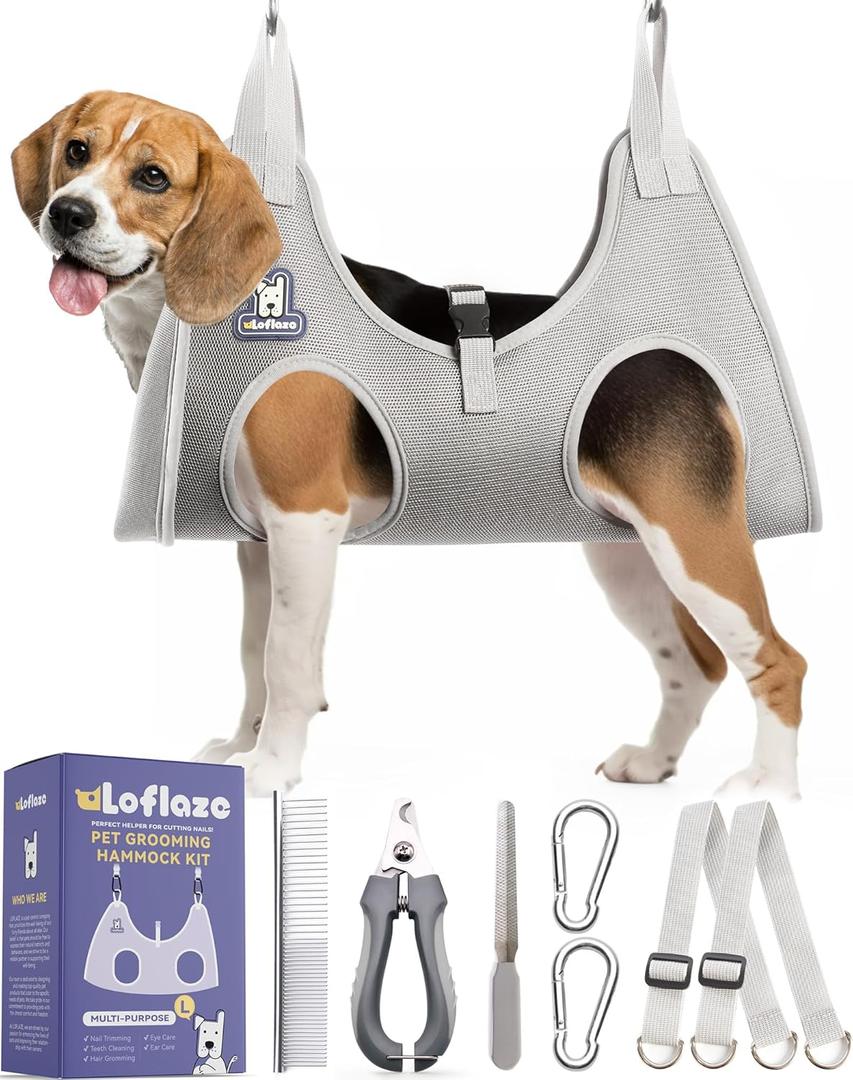 Dog Grooming Hammock Harness for Dogs & Cats with Pet Nail Clipper Trimmer - Cat Hanger Sling for Trimming Clipping Nails- Dog Hammock Restraint Bag for Small Medium Large pet  Grey L  (L ( Legs Distance : 8-16" / Max W65lb ))
