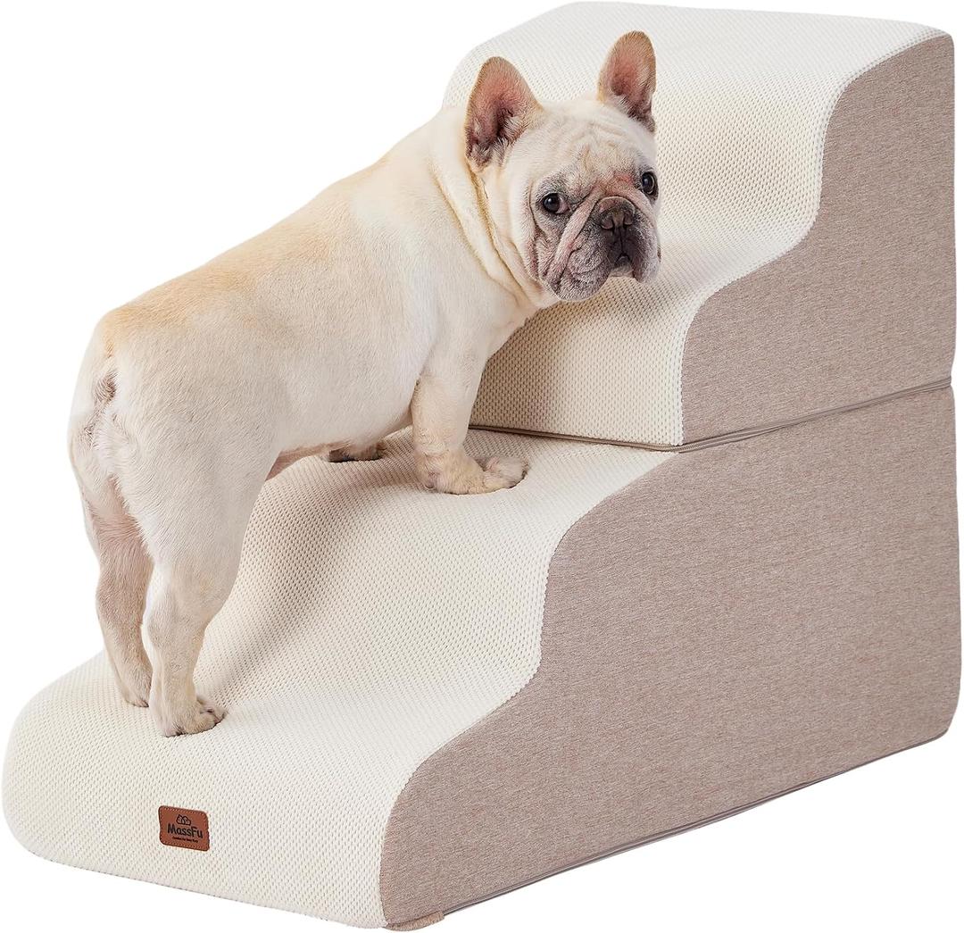 Beige Curved Dog Stairs Ramp for High Beds 22.8" H, 4-Step Dog Steps for Couch Sofa and Chair, Pet Stairs for Cats, Non-Slip Balanced Pet Steps