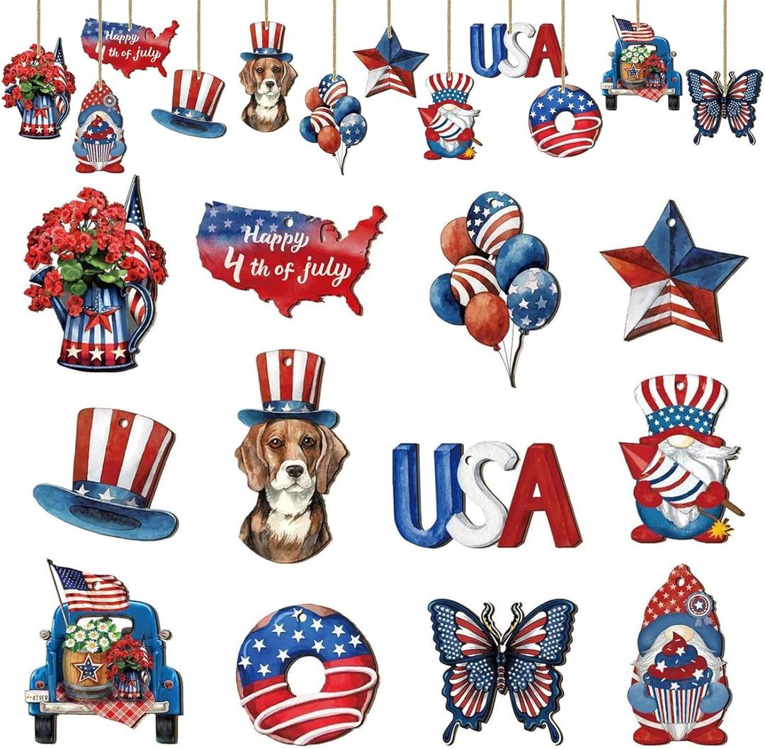 4th of July Decorations Home Party Hanging Door Decor Wooden Outdoor Type Design Sign Door Hanger for Outdoor Farmhouse Porch Front Door, Red White and Blue Decorations 24pcs