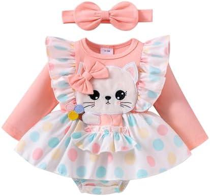 Baby Girl Clothes 12 18 Months Romper Infant Ruffle One Piece Cute Cat Cartoon Dress Fall Winter Long Sleeve Outfits with Headband Pink 12-18 Months