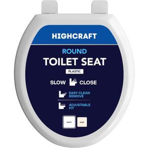 HIGHCRAFT Premium Round Toilet Seat with Slow-Close Design, Adjustable Hinges & Quick Removal Mechanism - Molded Plastic Toilet Seat - Fits Standard Round Toilets - Toilet Seat in White