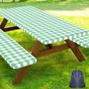 Smiry Picnic Table Cover with Bench Covers, Waterproof Elastic Fitted Tablecloths for 8 Foot Rectangle Tables, Washable Buffalo Plaid Tablecloth for Camping, Outdoor (Sage Green & White, 30"x96")