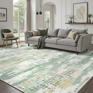 DCX Washable Abstract Area Rug 10x14, Non Slip Low Pile Rug, Sage Green | Easy to Clean, Non-Shedding, Soft, Kid & Pet Friendly, With a Non-Slip Rubber Backing for Living Rooms, Bedrooms, and Offices