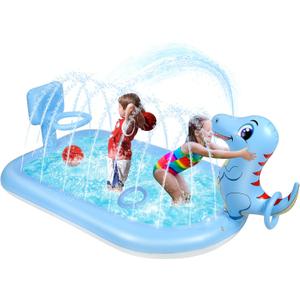 Splash Pad Sprinklers for Kids, 3 in 1 Inflatable Kiddie Pool Play Center Including Basketball Game and Ring Toss Game, 63inch Dinosaur Design Indoor Outdoor Water Play Mat for Toddlers 3-5 Boys Girls