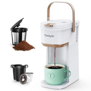 Tastyle Single Serve One Cup Coffee Maker, for K Cups and Grounds, Mini Coffee Maker with Portable Handle, 6 to 12 Oz Brew Size, for Travel, Camping, Office, RV and Dorm, 120V, White and Brown