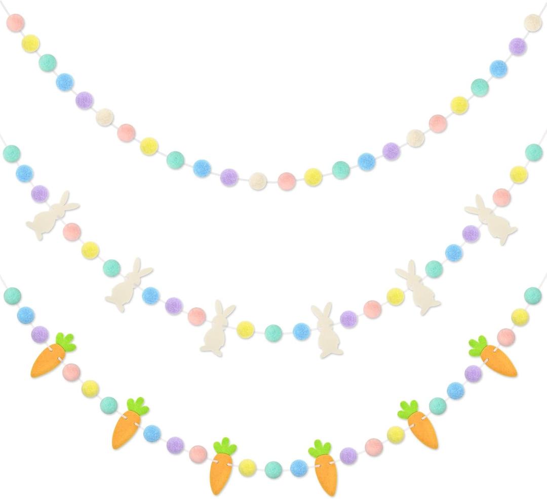 Easter Decorations Bunny Rabbit Banner Pastel Rainbow Pom Pom Colorful Felt Ball Hanging Garland for Home Indoor Living Room Wall Classroom Spring Holiday Wedding Birthday Party Decor Supplies(No DIY)