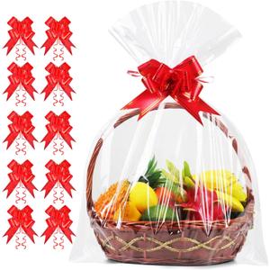 JOYIT 10PCS Extra Large Cellophane Wrap for Gift Baskets, 35x55 Inch Clear Cellophane Bags with 10 Red Bows, 3 Mil Thicker Cellophane Gift Bags for Gift Basket Wrap, Gift Giving