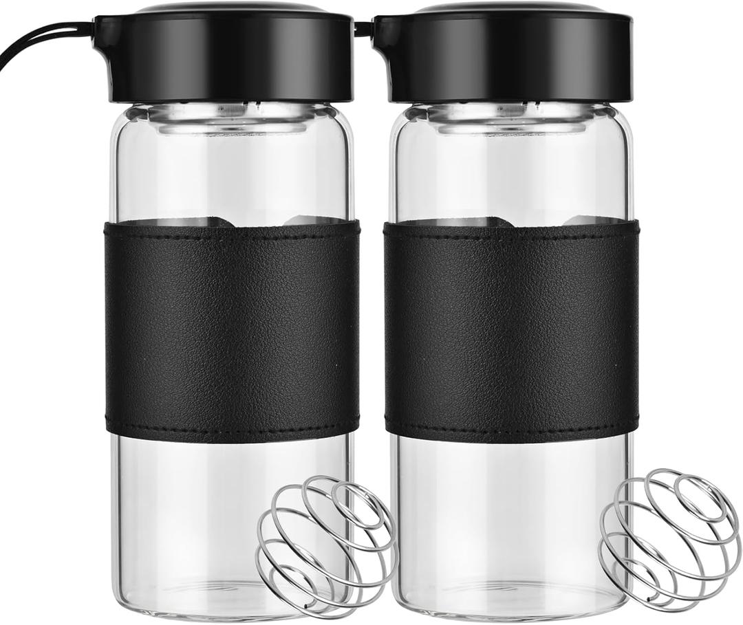 Small Glass Shaker Bottle, 2 Pack 16oz BPA Free Odorless Shaker Bottle with 304SS Mixing Ball and Removable Cleaning Brush for Fitness & Protein Shakes(Black-2Pack)