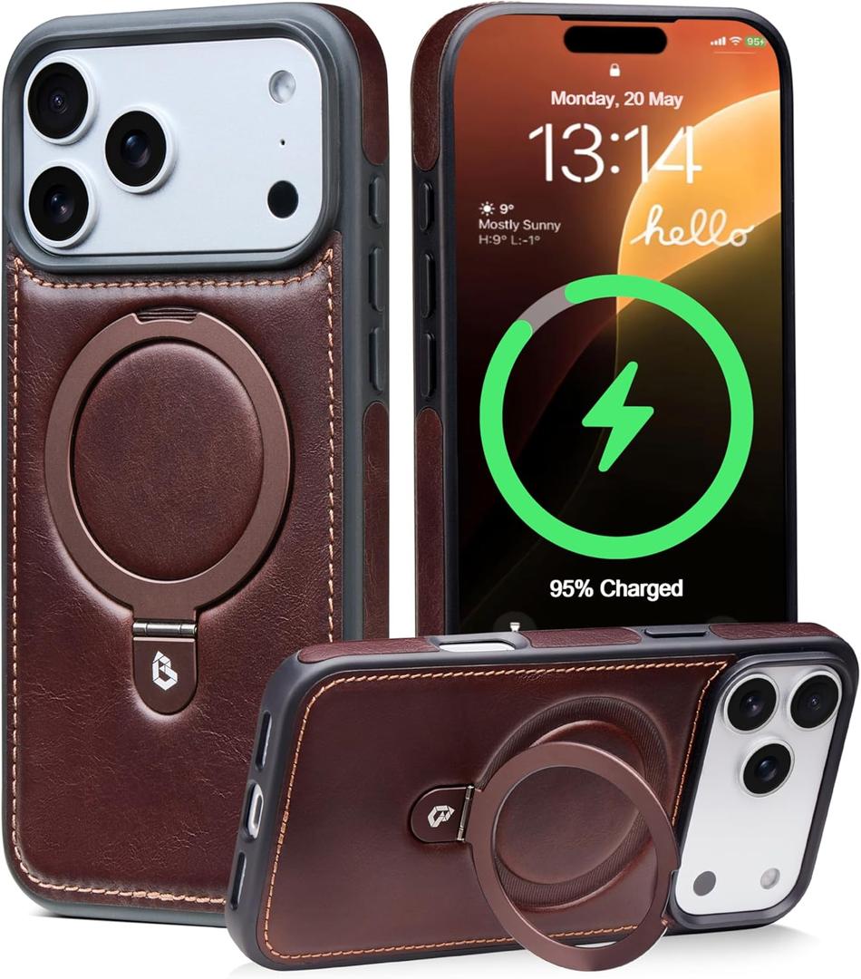 for iPhone 17 Pro Max Case Leather Top-Grain Handcrafted with Stand, Fits for MagSafe (Rustic Brown, iPhone 17 Pro Max)