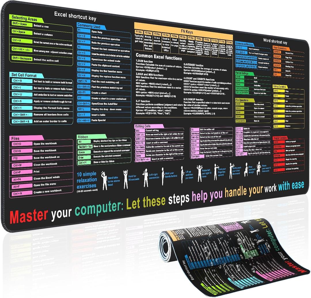 2 x Excel Cheat Sheet Desk pad—Contains 12 Types of Common Skills in Excel and Word|Large XL Size（31.5 * 11.8 inch）|Desk mat for Keyboard and Mouse|Work、Study、Gaming Mouse pad|Waterproof、Anti-Slip