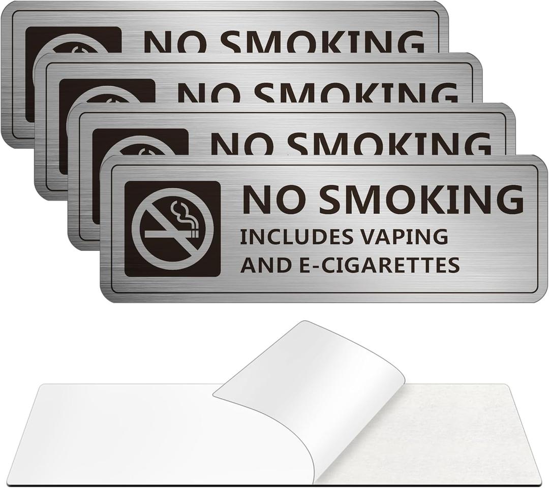 (4 Pack) No Smoking Signs for Home and Business, Self-adhesive No Vaping Sign, Rust Free Aluminum Warning Signage for Indoor Outdoor Use (7 x 2 inches, Brushed Aluminum)