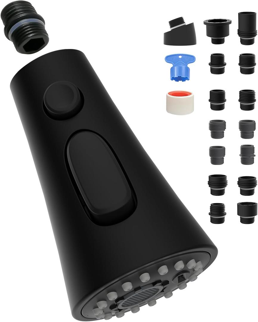 Kitchen Faucet Head Replacement, Pull Down Kitchen Faucet Sprayer Head with 9 Adapter Kit, 3 Function Kitchen Sink Faucet Spray Head, Matte Black Finish Kitchen Faucet Sprayer