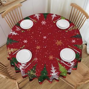 Christmas Tree Round Tablecloth 60 Inch Polyester Washable Table Cover Home Decor for Kitchen Dining Party Picnic