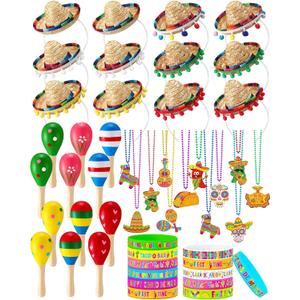 48 Pcs Mexican Fiesta Party Favors Set 12 Cinco De Mayo Sombrero Hats 12 Maracas Necklaces Bracelets for Birthday (Straw, Multicolor)