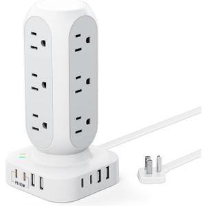 TenTrend 65W Fast Charging Station, Flat Plug Power Strip Tower with 12 AC Outlets & 8 USB Ports (2 PD USB-C Ports), 10FT Extension Cord, Compatible for MacBook Pro, iPhone Series.