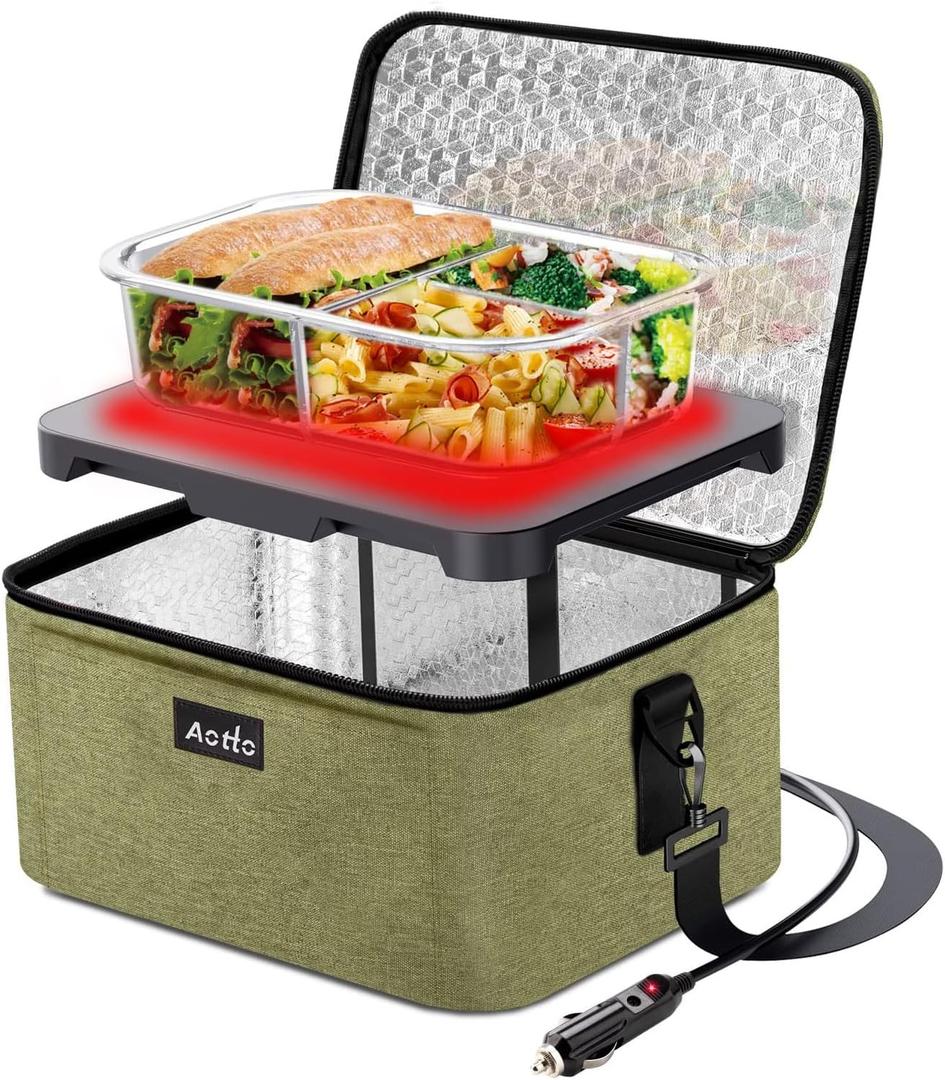 Aotto Heated Lunch Box Food Warmer - 12V/24V 2-in-1 Car Food Warmer with Vehicle Plug - Mini Portable Electric Lunch Box Heater for Men and Women - Reheat & Keep Meals Warm On the Go - Green