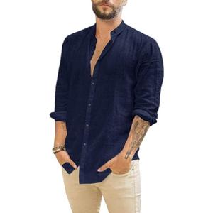 JEKAOYI Mens Summer Casual Long Sleeve Cotton Linen Shirts Button Up Solid Plain Roll-Up Sleeve Beach T Shirts, XL