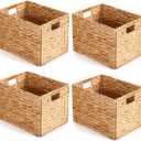 Layhit 4 Pcs Wicker Storage Basket Water Hyacinth Handwoven Baskets with Handles Foldable Woven Organizer Multipurpose Wicker Storage Bins for Bedroom Living Room(16 x 11 x 11'',Natural)