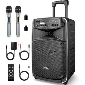 GTSK12-2 Portable Bluetooth PA Speaker System - 12'' Subwoofer, UHF Wireless Mics, TWS Stereo Pairing, USB-C/MP3/SD/FM/AUX, Rechargeable Battery, Rolling Wheels for Party, Events