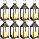 8 Pcs 10.6 Inch Decorative Candle Lanterns Bulk for Centerpieces Wedding Indoor Outdoor with LED Flameless Flickering Candle Hanging Farmhouse Lanterns Battery Powered for Party(Bronze)
