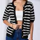 OYOANGLE Women's Short Sleeve Sweater Spring Summer Crochet Knit Top V Neck Striped Button Down Dressy Casual Blouse (M)