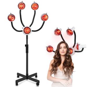 Infrared Heat Lamp Hair Dryer 5 Head 750W 110V, Stand Up Rolling Floor Dryer with Metal Lampshade, Adjustable Height Red Light Color Processor for Salon Perming Styling Drying
