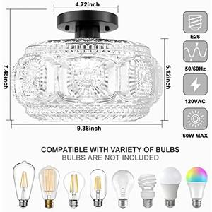 Semi Flush Mount Ceiling Light, Globe Glass Ceiling Light Fixture, Black Modern Lighting for Hallway Porch Corridor Kitchen Bedroom, Bulb Not Included (9.38 inch)