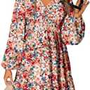 Dokotoo Fall Dresses for Women 2025 Boho Floral V Neck Long Sleeve Smocked Elastic Waist Casual A-Line Mini Dress Sundress Large
