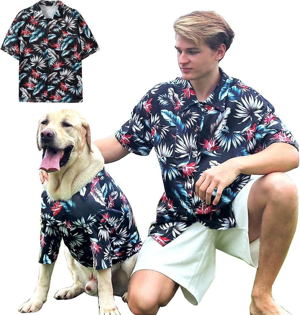 Hawaii Polo Shirt Breathable Cool Beach Style Pet Owners Black T-Shirt Dog Matching Apparel Shirts,2X-Large Leaves