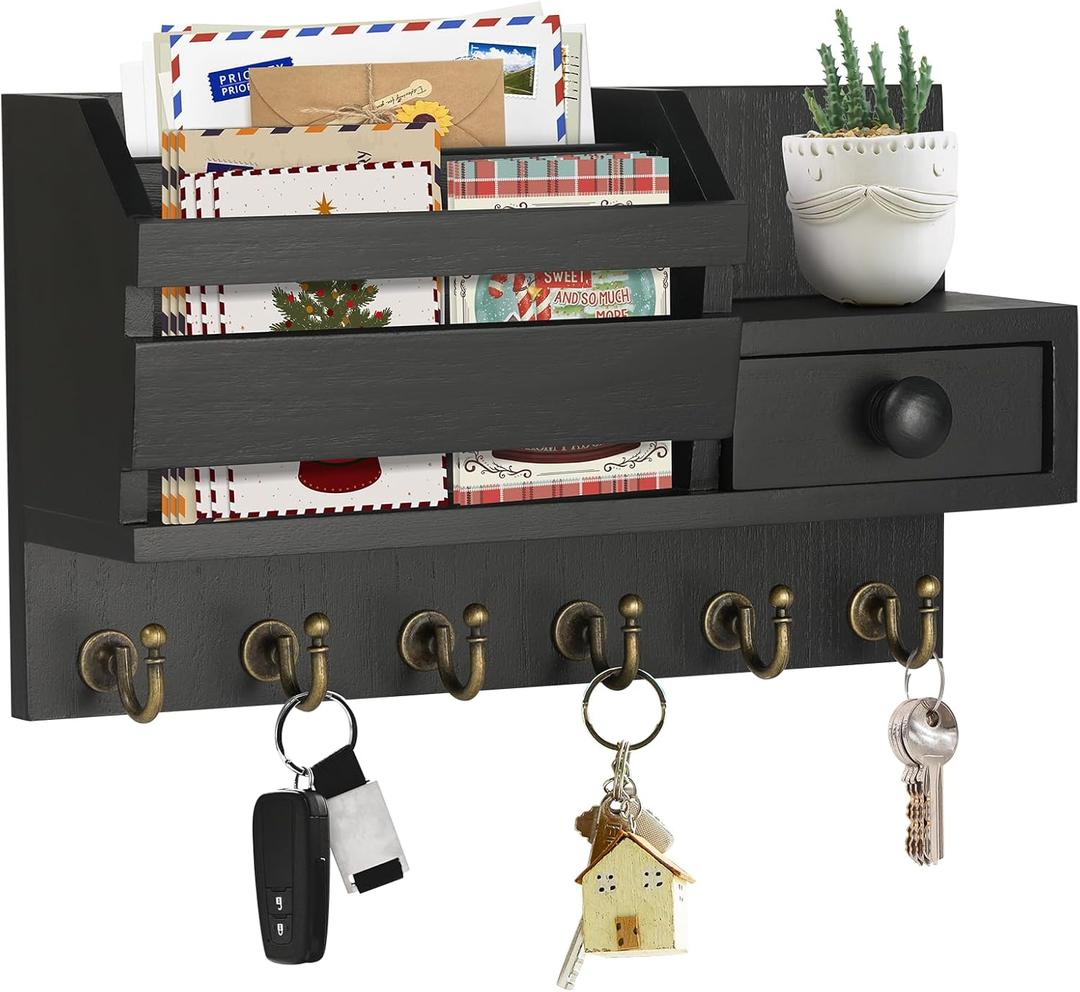 VIS'V Key Holder Wall Mount, Wooden Mail and Key Organizer with Drawer and Shelf, 2 Slots, 6 Hooks, Black